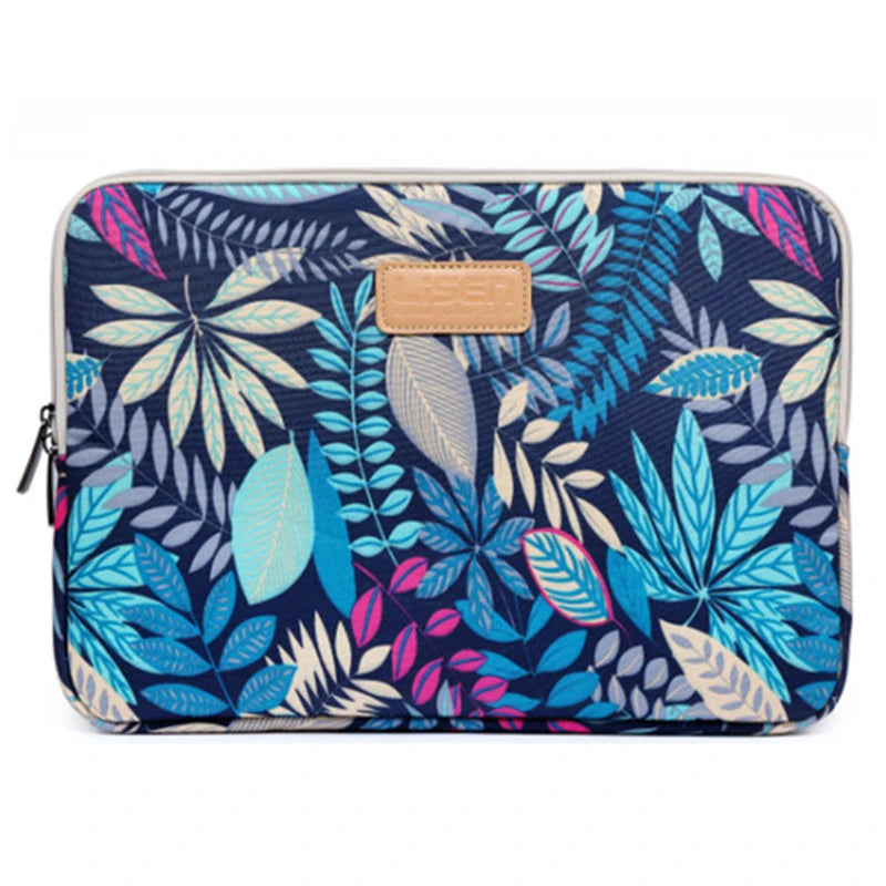 A dark blue laptop sleeve featuring a vibrant botanical print with various shades of teal, pink, and green leaves.