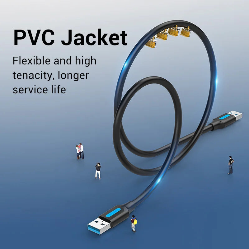 A flexible PVC jacket extension cable with a black coiled wire and USB connector shown against a blue background.
