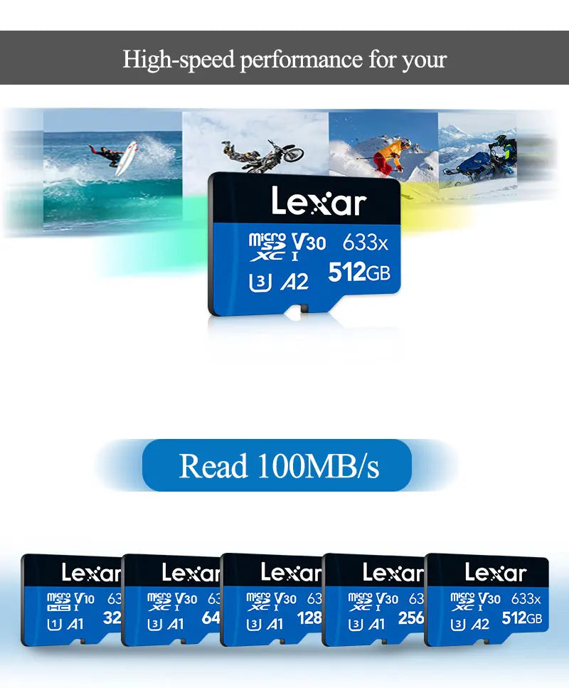 A set of Lexar microSD memory cards with various capacities and speeds, demonstrating high-speed performance.