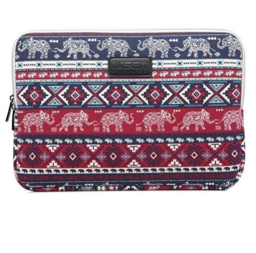 A navy blue canvas laptop sleeve featuring a repeating pattern of elephants and geometric designs.