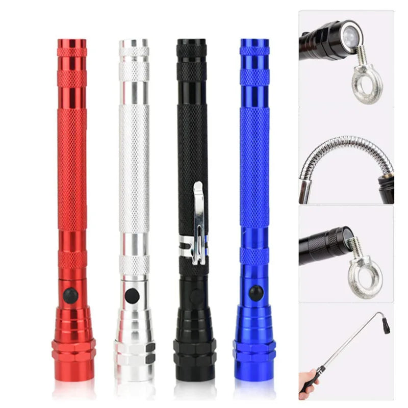 A set of magnetic LED flashlights with telescoping grips in red, silver, and blue colors.
