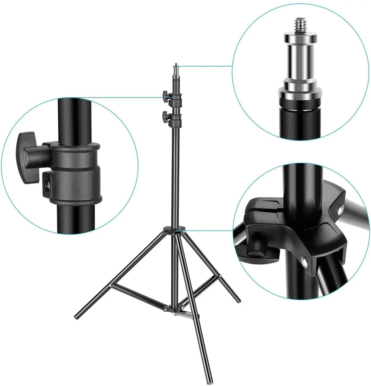 A black adjustable tripod stand with multiple mounting options for tablets and mobile phones.