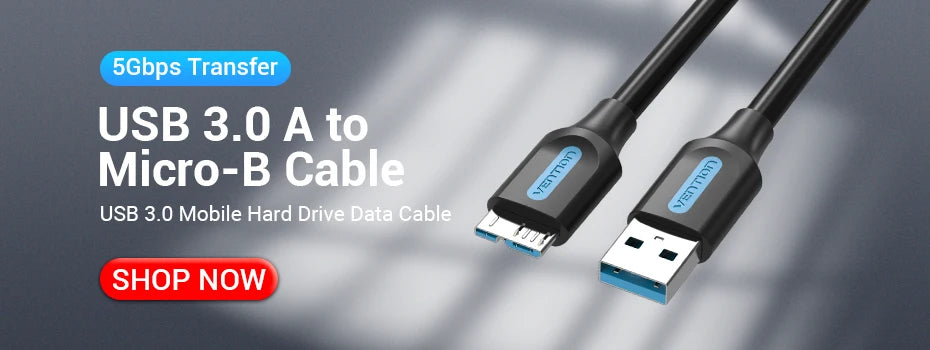 A black USB 3.0 A to Micro-B cable is shown against a gray background.