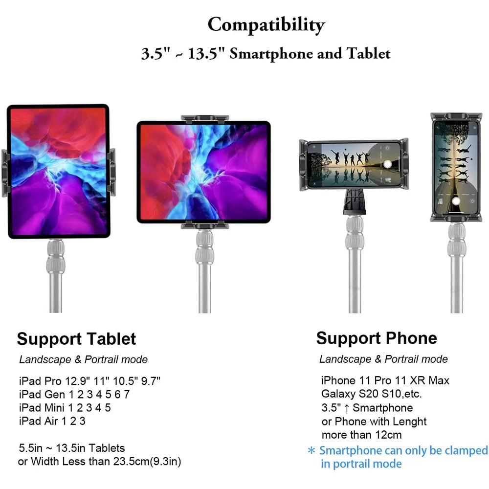A 360° rotating tablet stand with an adjustable clip shown supporting a smartphone or tablet.