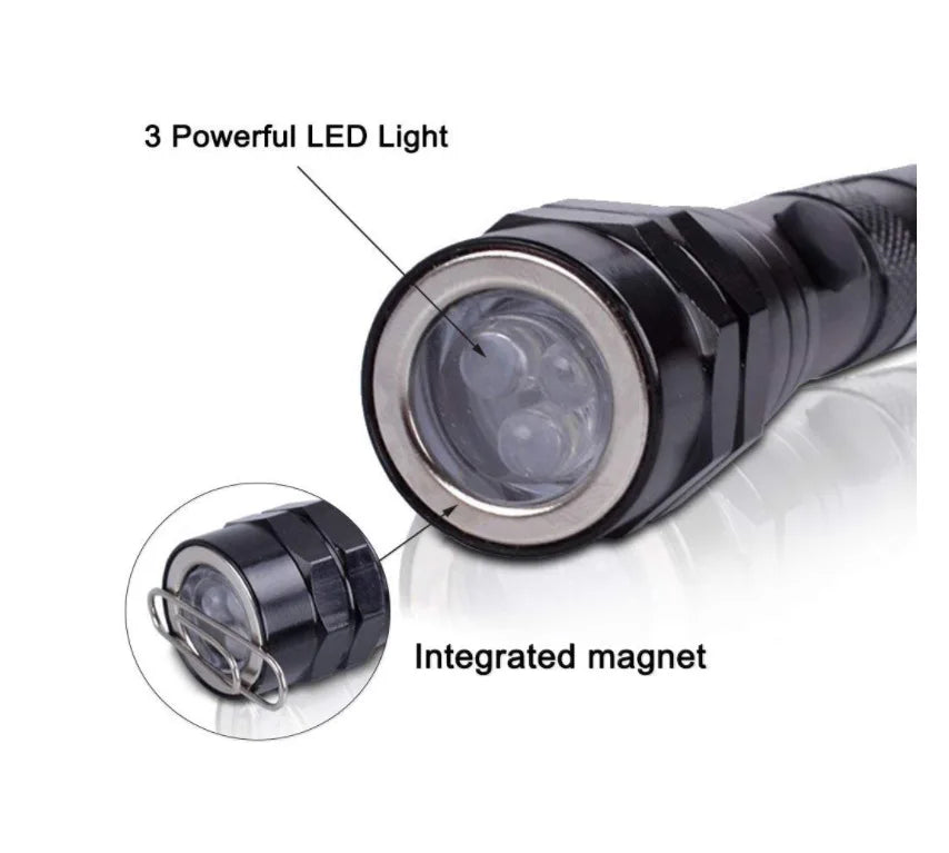 A black magnetic LED flashlight with a telescoping grip and an integrated magnet.