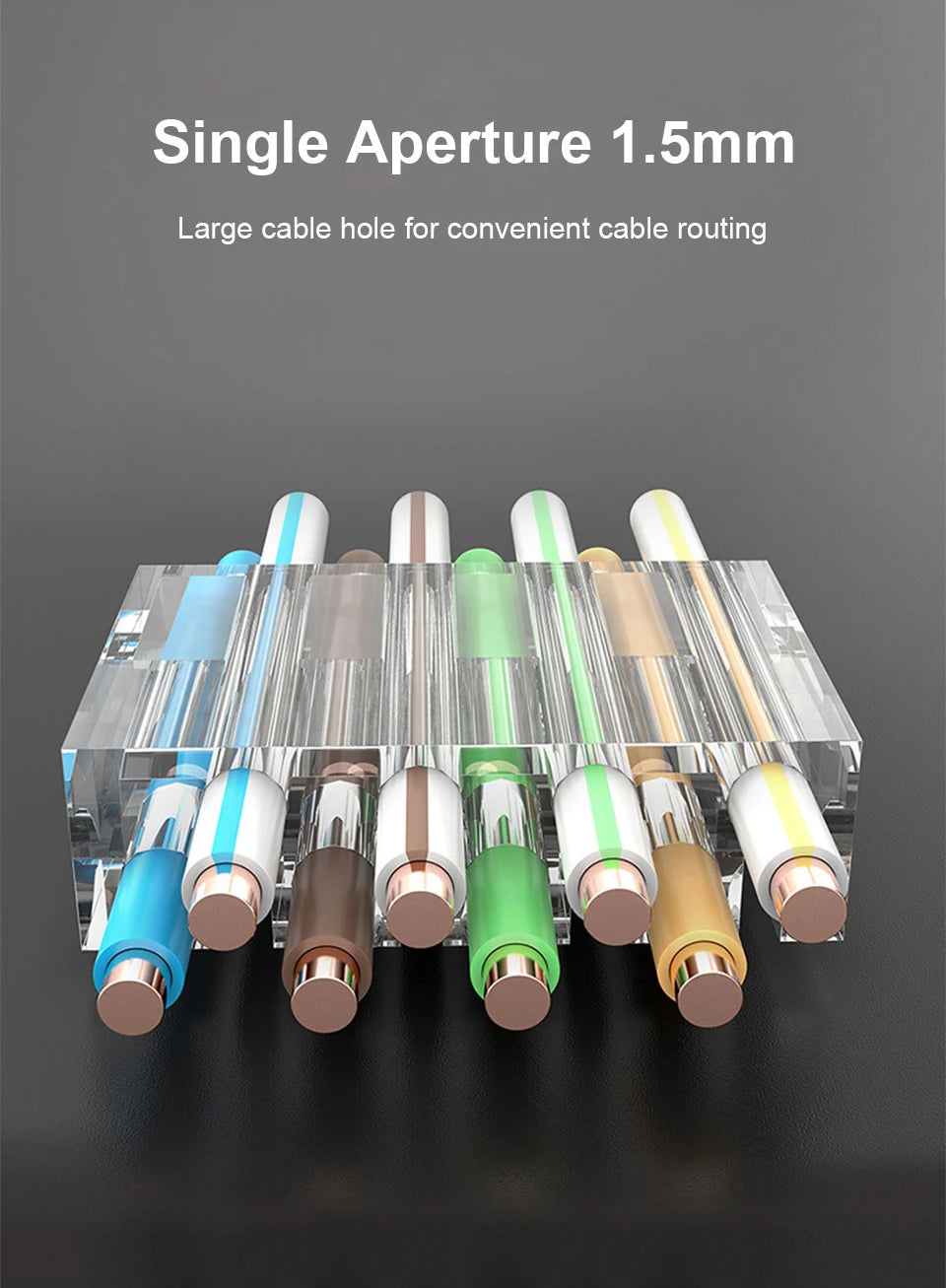 A row of modular CAT6/CAT7 RJ45 connectors with various colored jackets and plastic housings.
