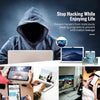 A person wearing a hoodie is shown with a laptop, illustrating protection against hackers and information leakage.