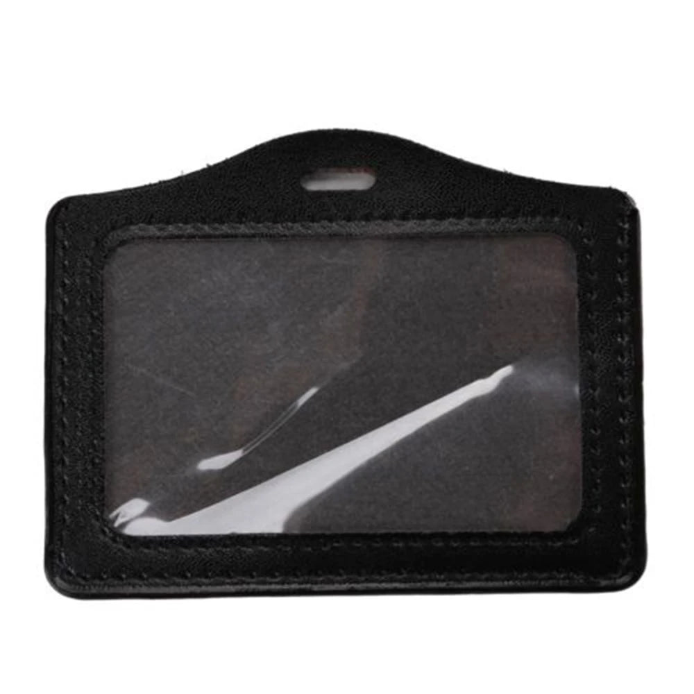 Black PU leather ID card holder with a clear plastic window.