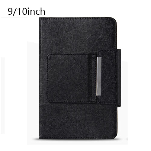 Black leather Bluetooth keyboard cover for tablets shown in a flat lay view.