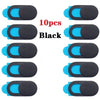 Ten black privacy webcam cover stickers for laptops shown in various angles.
