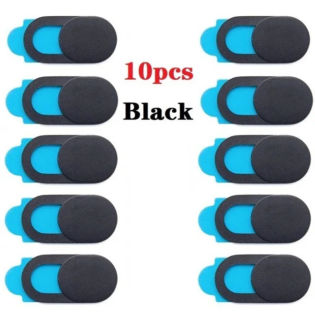 Ten black privacy webcam cover stickers for laptops shown in various angles.