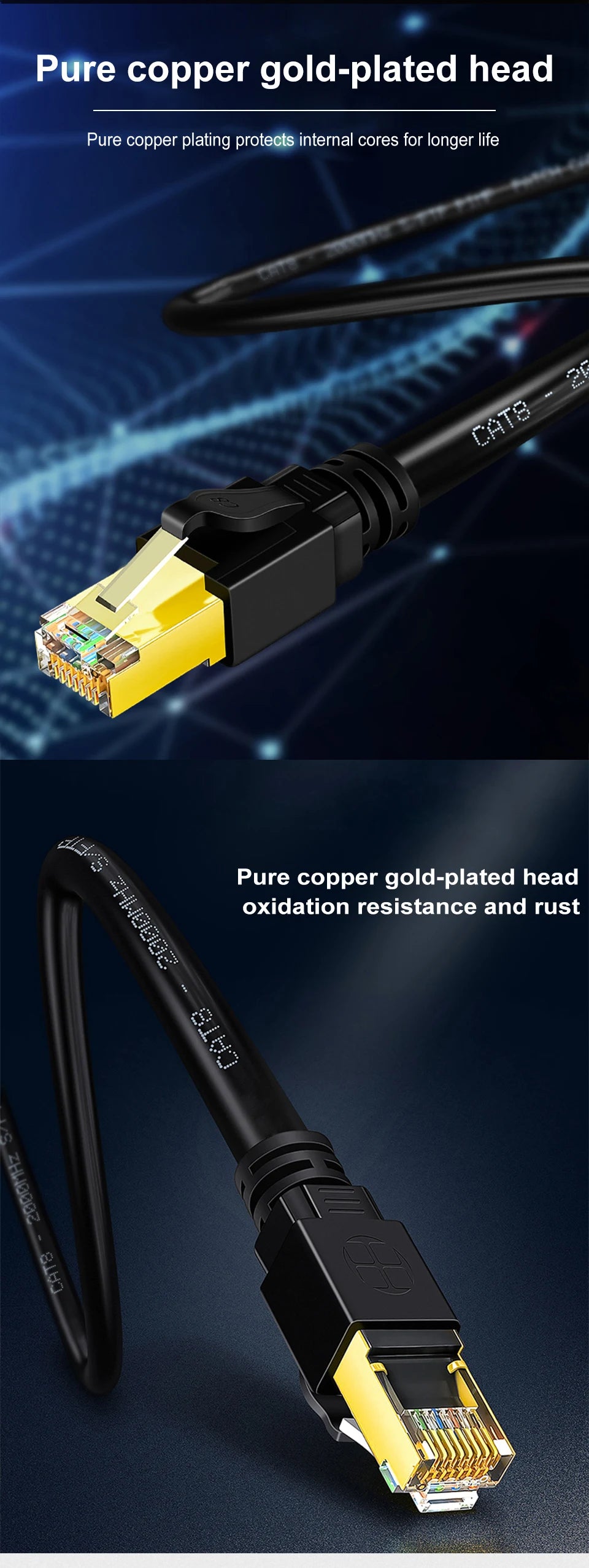 Nahaufnahme eines reinen Kupfer-Goldbeschichteten Cat8 Ethernet-Steckers und Kabelsets.