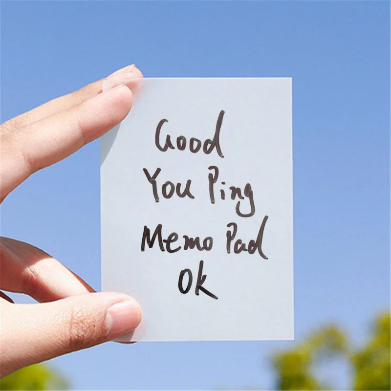 A hand holds a white memo pad with the handwritten text Good You Ping Memo Pad Ok against a blue sky background.