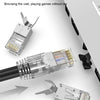Close-up view of CAT6/CAT7 modular RJ45 connectors and related components for 10 Gigabit transmission.