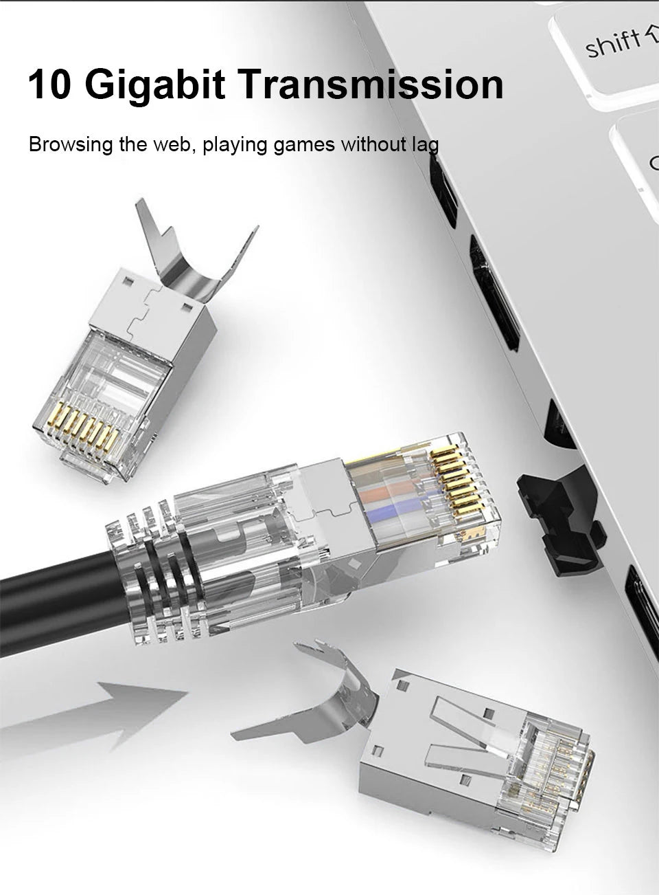Close-up view of CAT6/CAT7 modular RJ45 connectors and related components for 10 Gigabit transmission.