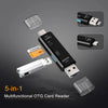 A 5-in-1 multifunctional OTG card reader showing various ports including USB, Type-C, and Micro USB connectors.