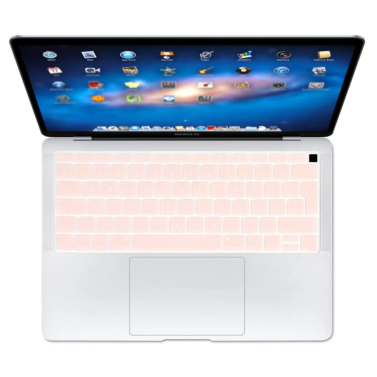 A white silicone keyboard cover for a MacBook Air or Pro, shown open with the laptop displaying a colorful desktop background
