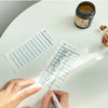 A hand holds a budget sheet with various colored cards and a pen on a white table next to a jar.
