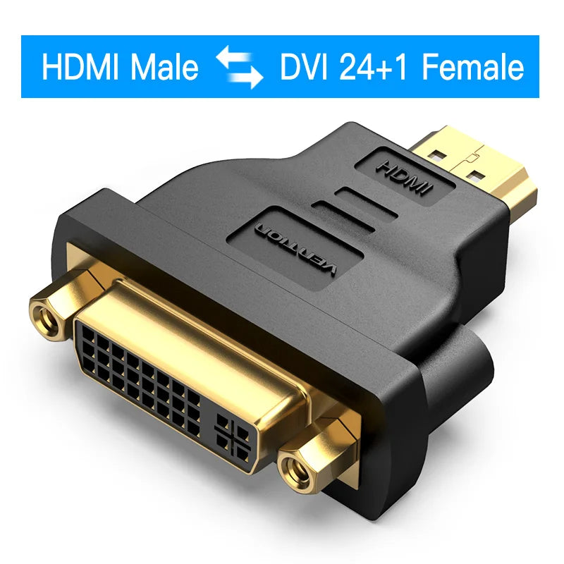 محول ثنائي الاتجاه أسود يحول من HDMI ذكر إلى DVI أنثى والعكس