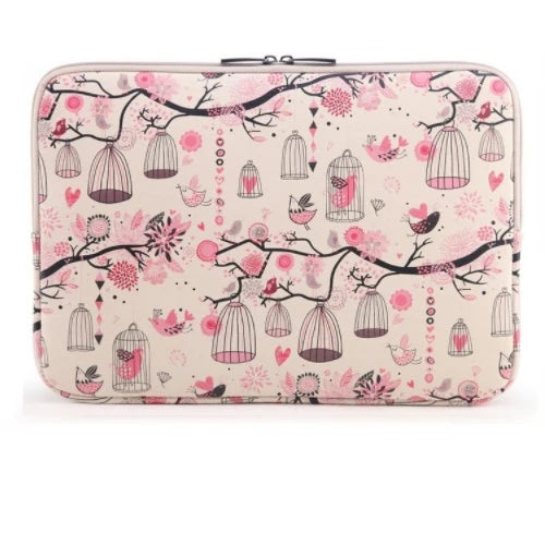 A pink floral patterned canvas laptop sleeve designed for a MacBook or PC.