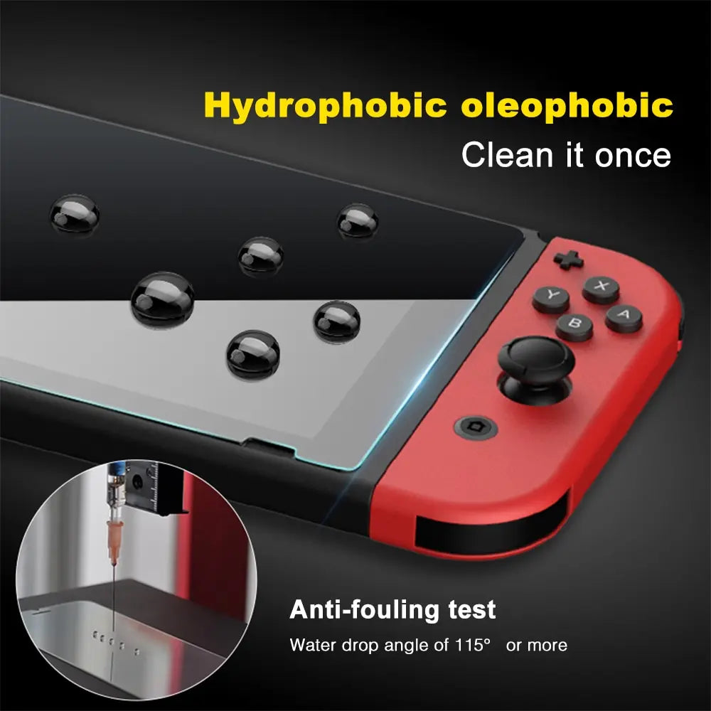 A close-up view of a hydrophobic oleophobic screen protector applied to a red Nintendo Switch console.