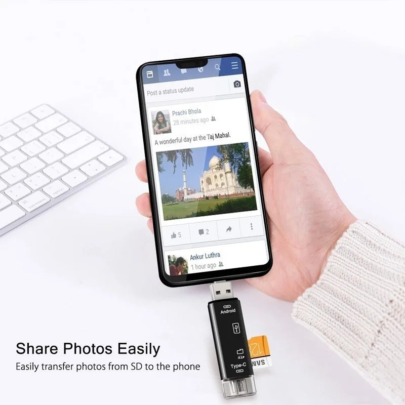 A hand holds a smartphone displaying a social media post, next to an OTG card reader for transferring photos from SD cards.