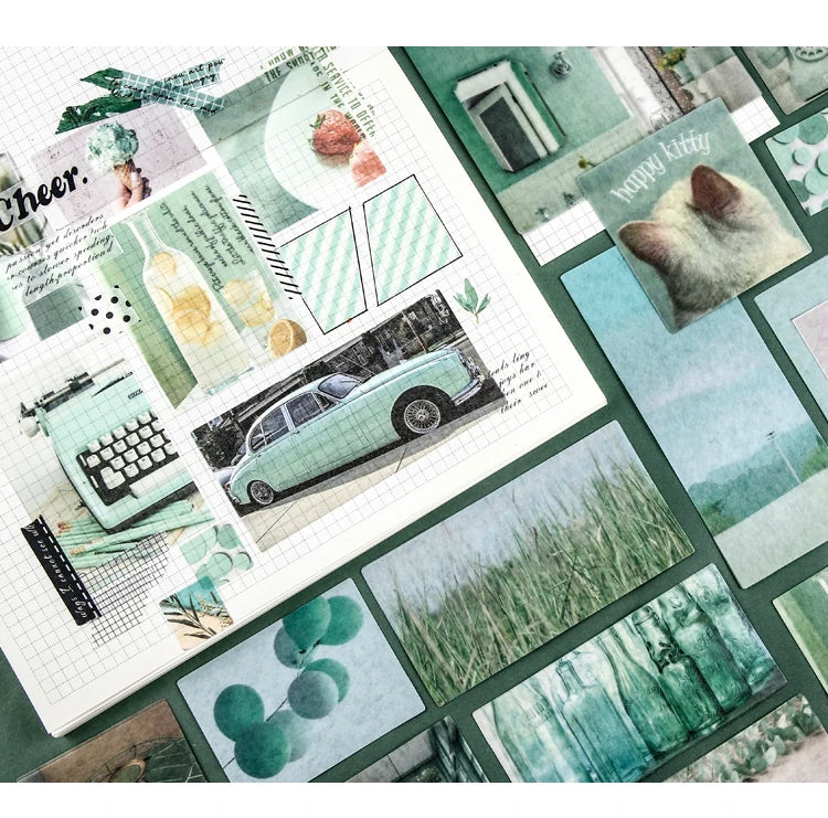 A collection of nature-themed stickers, including leaves, flowers, and animals, on a white grid paper.