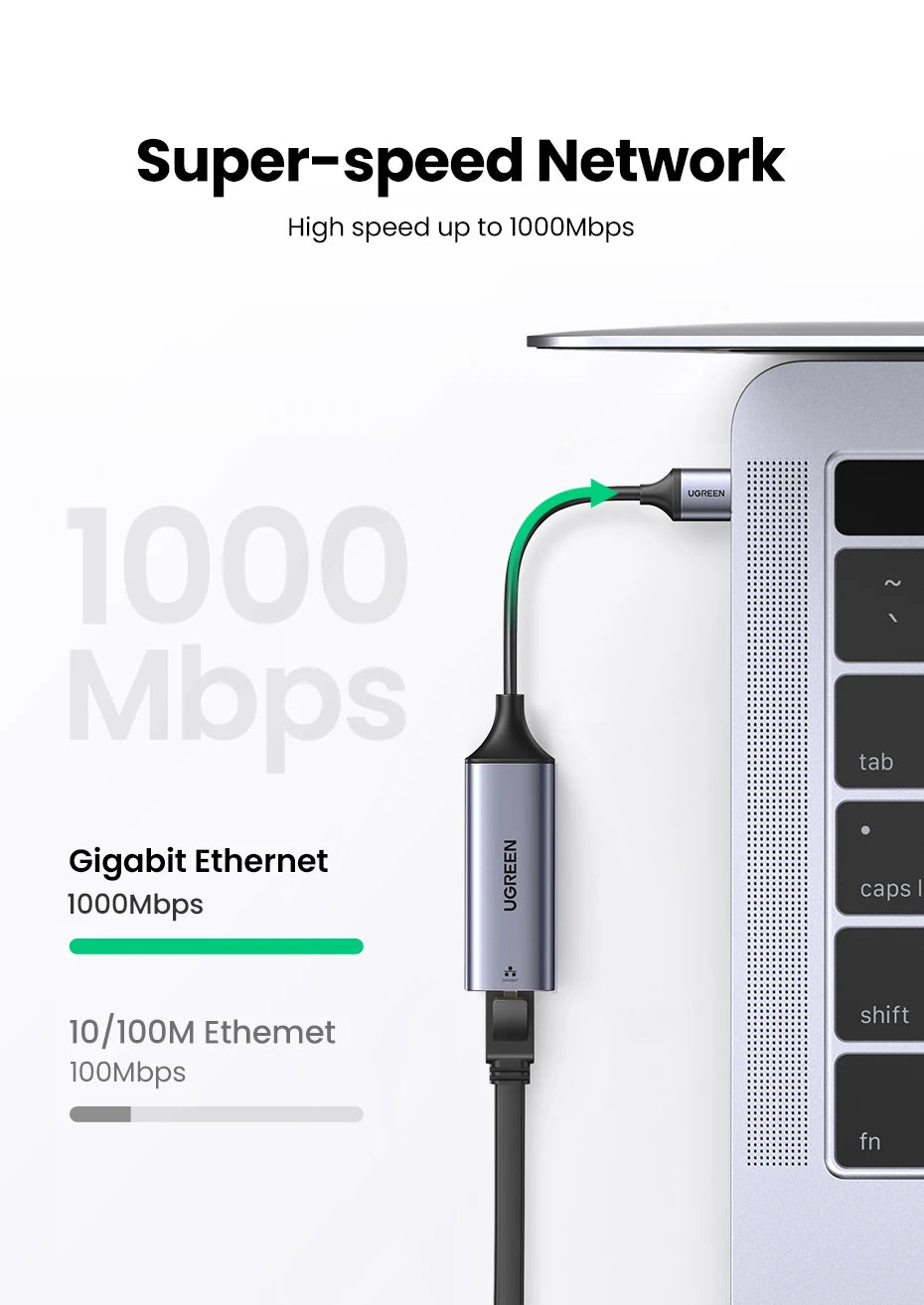 A silver USB to Ethernet adapter cable with a green connector is shown next to a computer port.