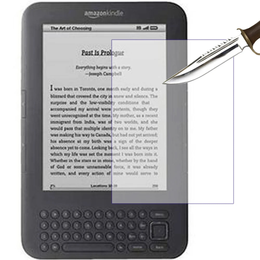A dark gray Amazon Kindle e-reader displaying a book titled Past Is Prologue with a glass screen protector being applied.