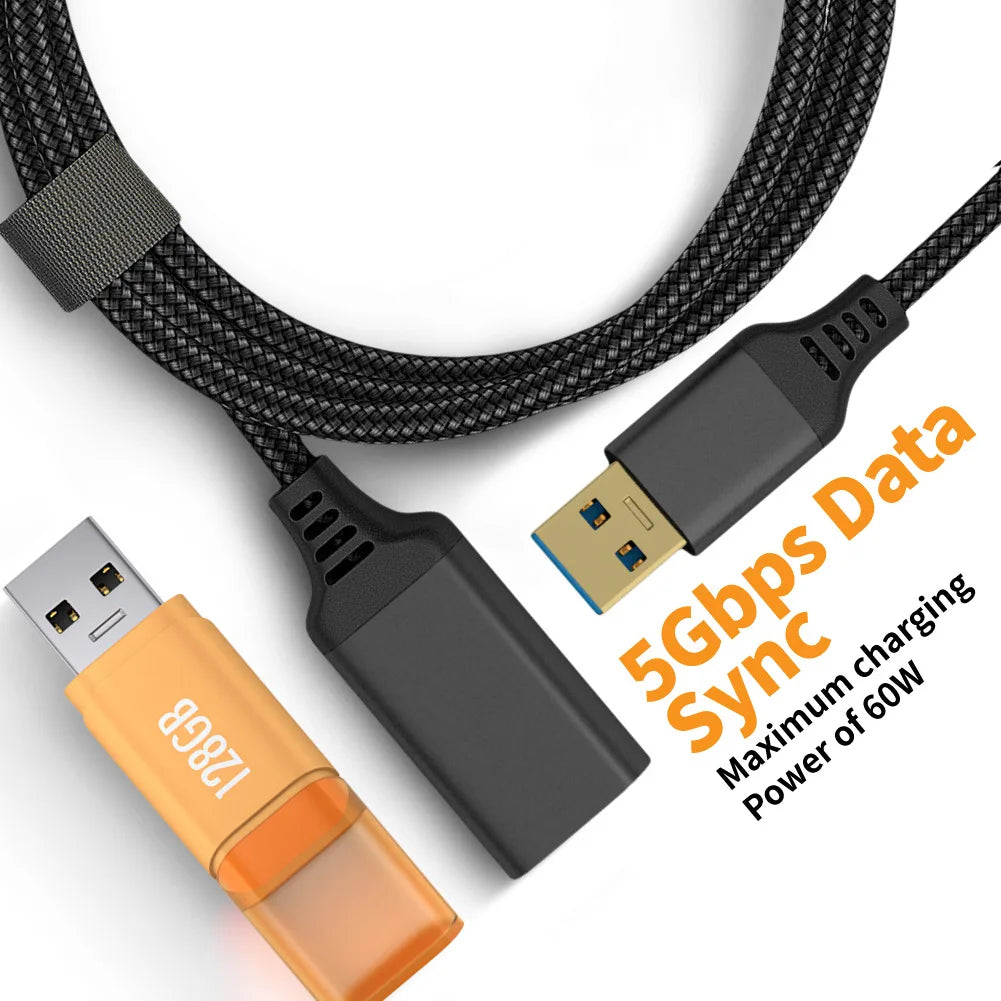 A black charging cable with a USB Type-C connector and an orange USB-A adapter, used for 5Gbps data sync.