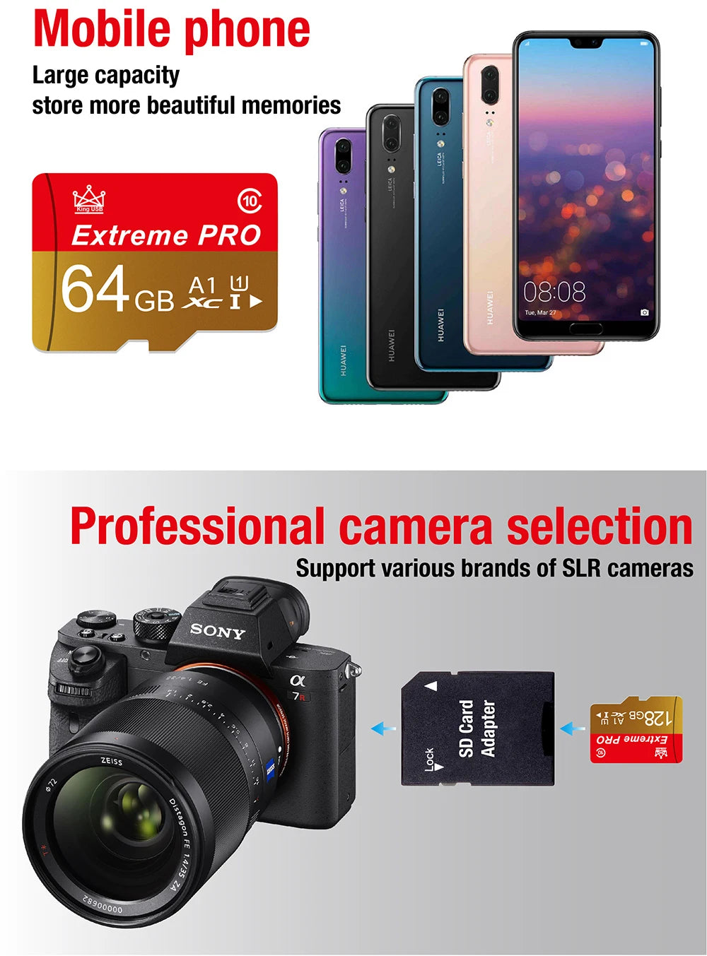 مجموعة من الهواتف المحمولة وكاميرا DSLR مع محول لبطاقة SD لاختيار الكاميرات الاحترافية.