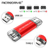 محرك فلاش أحمر (MicroDrive) يعرض خيارات اتصال مختلفة تشمل USB 2.0 و Lightning و Micro USB.