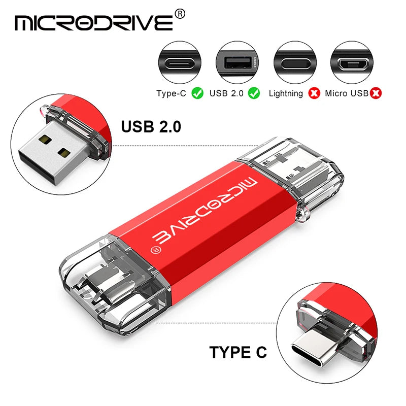 محرك فلاش أحمر (MicroDrive) يعرض خيارات اتصال مختلفة تشمل USB 2.0 و Lightning و Micro USB.