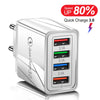 Silver 4-port fast charging wall adapter with four USB ports for mobile devices