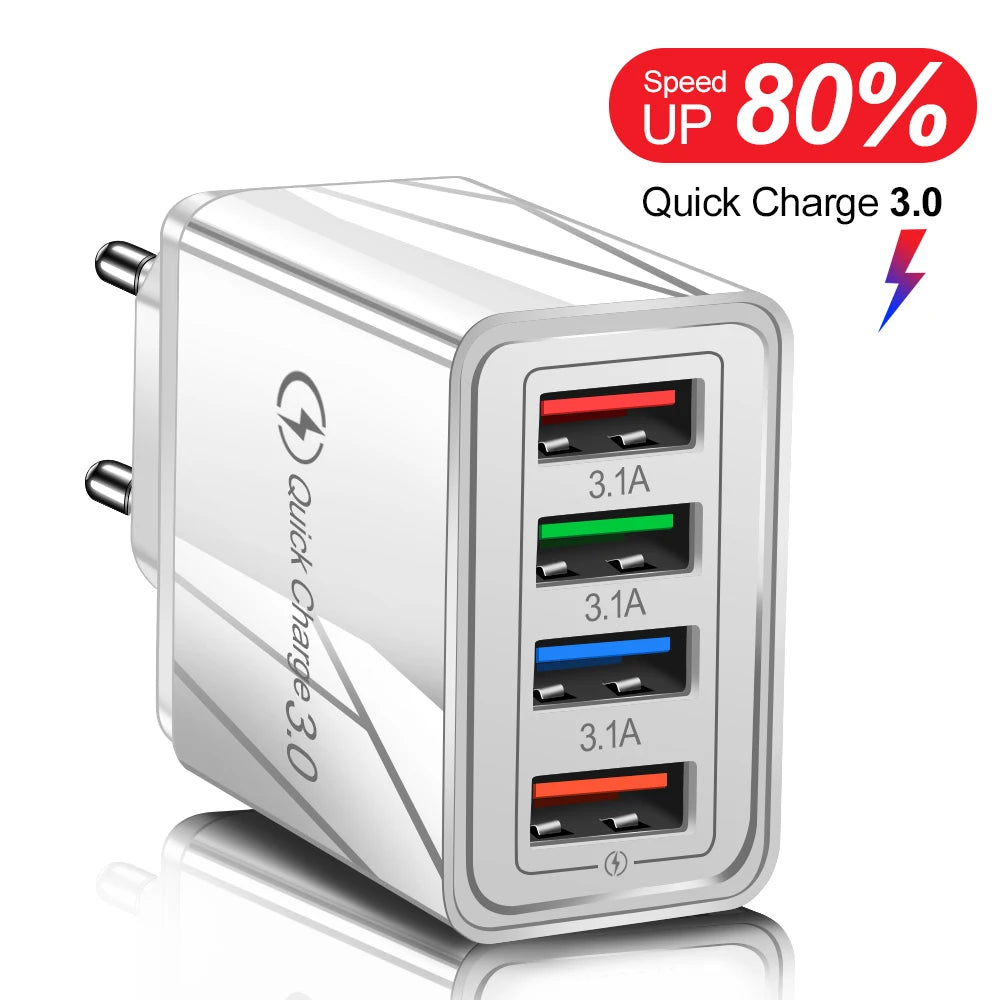 Silver 4-port fast charging wall adapter with four USB ports for mobile devices