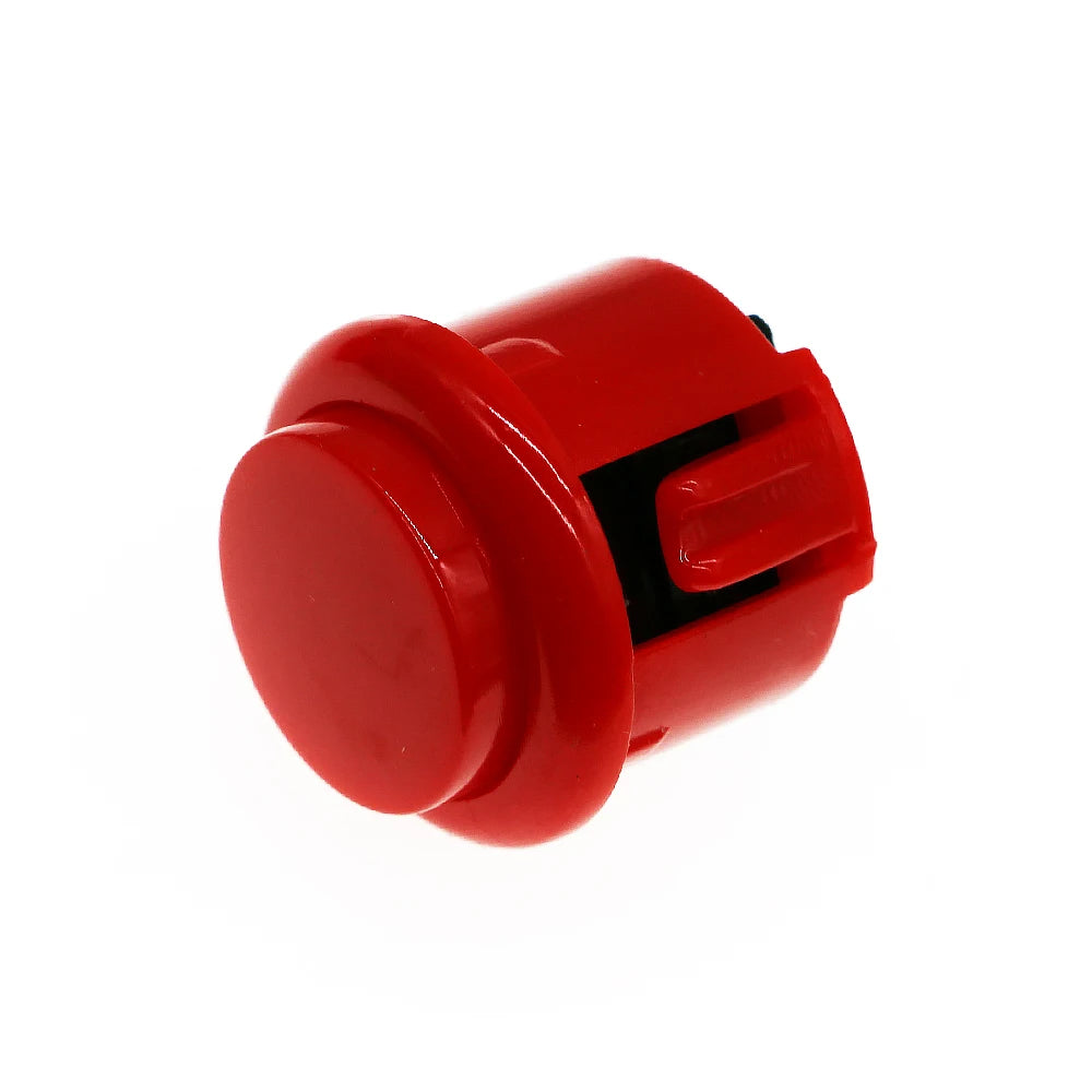 A red arcade push button game switch with a black plunger mechanism.