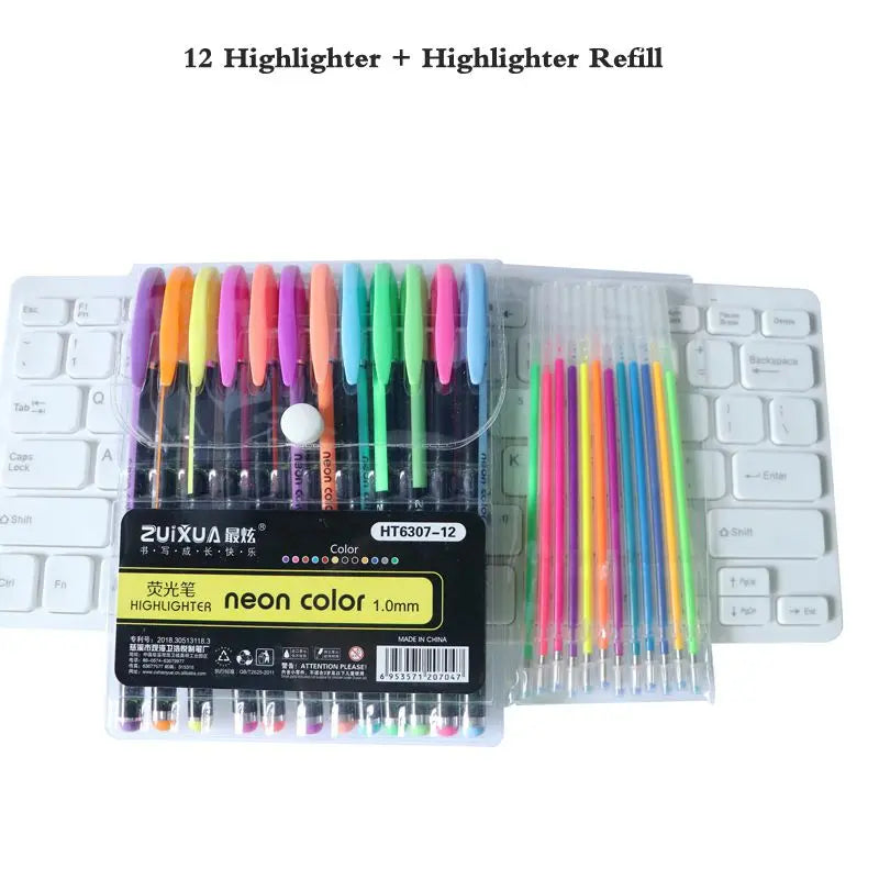 A set of 12 neon color glitter gel pens and a refill packaged in a clear plastic container.