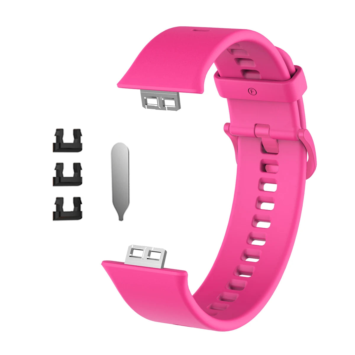 Rosa Silikonarmband für einen Fitness-Tracker, gezeigt mit Band und Schnalle.