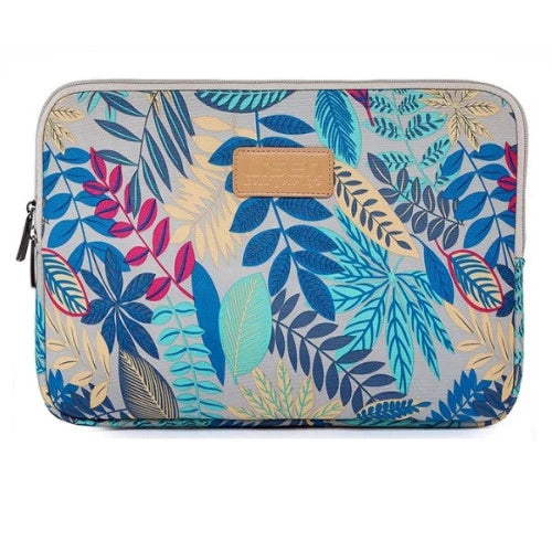 A laptop sleeve featuring a tropical leaf pattern in blue, green, and beige tones.