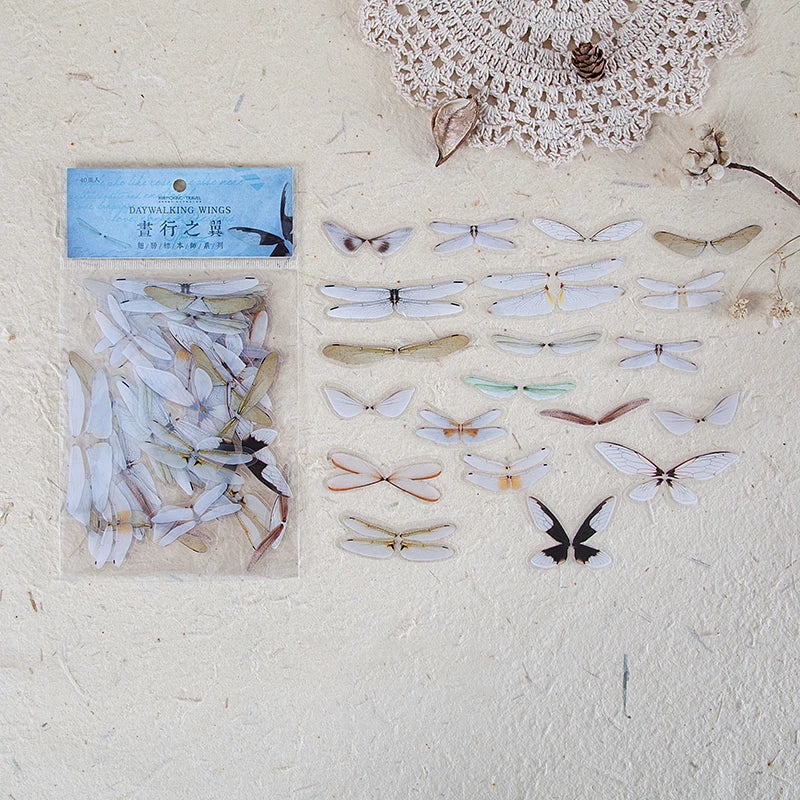 A collection of dried butterfly wings in a clear plastic packet for scrapbooking and journaling.