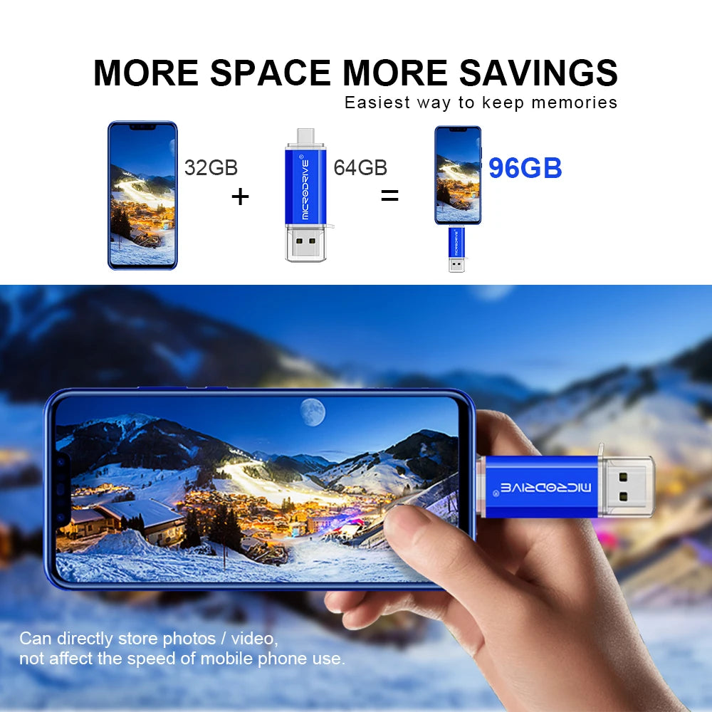 يد تمسك ببطاقة ذاكرة MicroSD زرقاء متصلة بهاتف، توضح تخزين الصور والفيديو مباشرة.