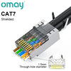 A close-up view of an Omay CAT7 Shielded modular RJ45 connector with through-hole pins.