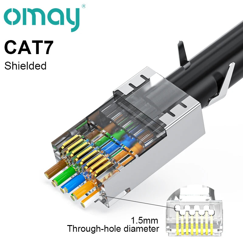 A close-up view of an Omay CAT7 Shielded modular RJ45 connector with through-hole pins.