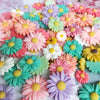 A colorful arrangement of multicolor sunflower flatback resin cabochons in various shades of pink, purple, yellow, and green.