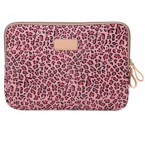 A pink leopard print durable canvas laptop sleeve for a MacBook or PC.