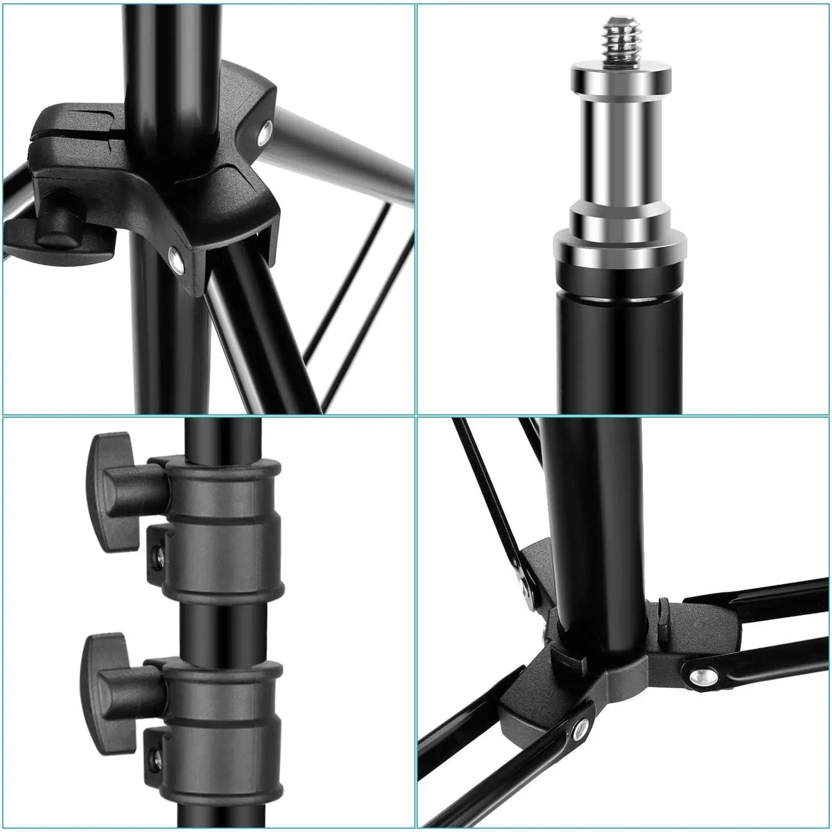Close-up view of an adjustable tripod mount for a tablet or mobile phone, showing various connection points and components.