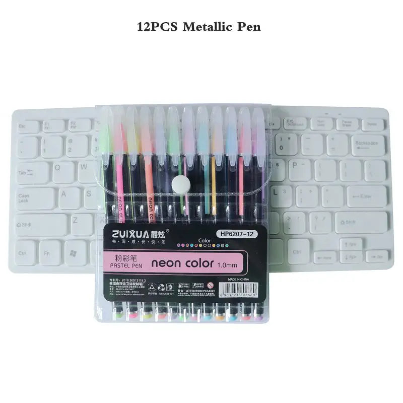 A set of 12 metallic pens in various colors packaged in a clear plastic case.