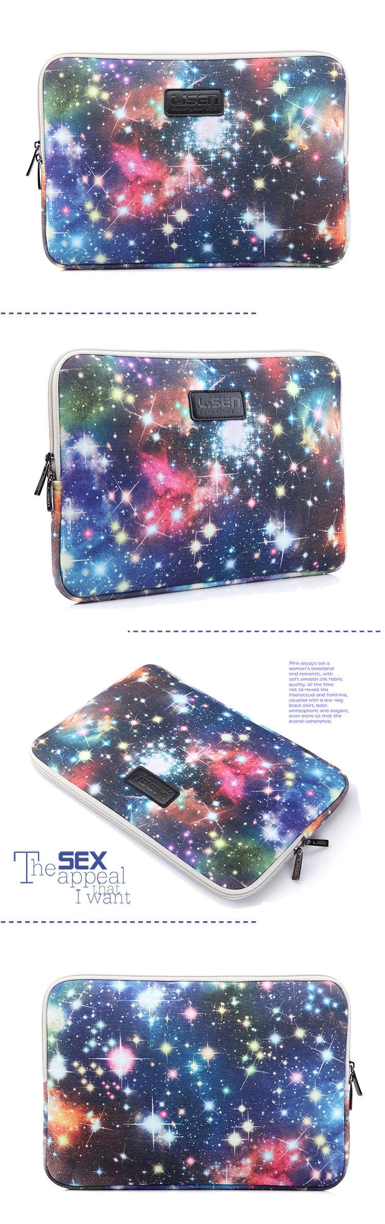 A purple and blue galaxy-themed laptop sleeve or laptop bag.