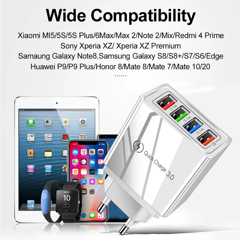 A white 4-port fast charging wall adapter is shown next to various smartphones and a smartwatch.