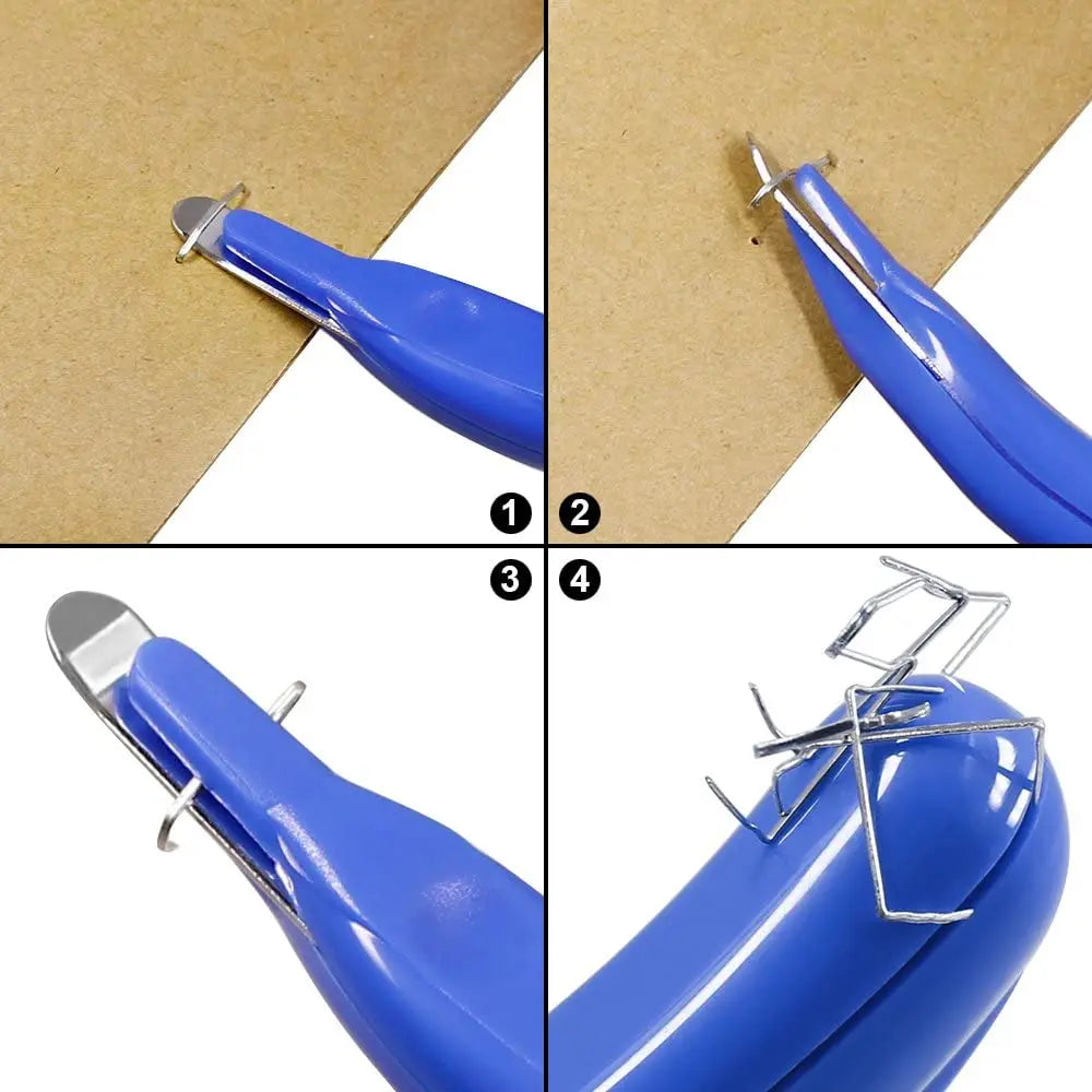 Close-up images showing the operation of a blue magnetic staple remover with push-button action.